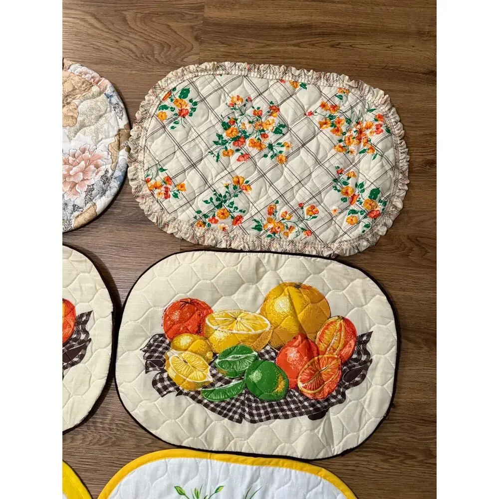 Vintage Handmade Quilted Placemats Lot of 6 Floral Fruit 19x13